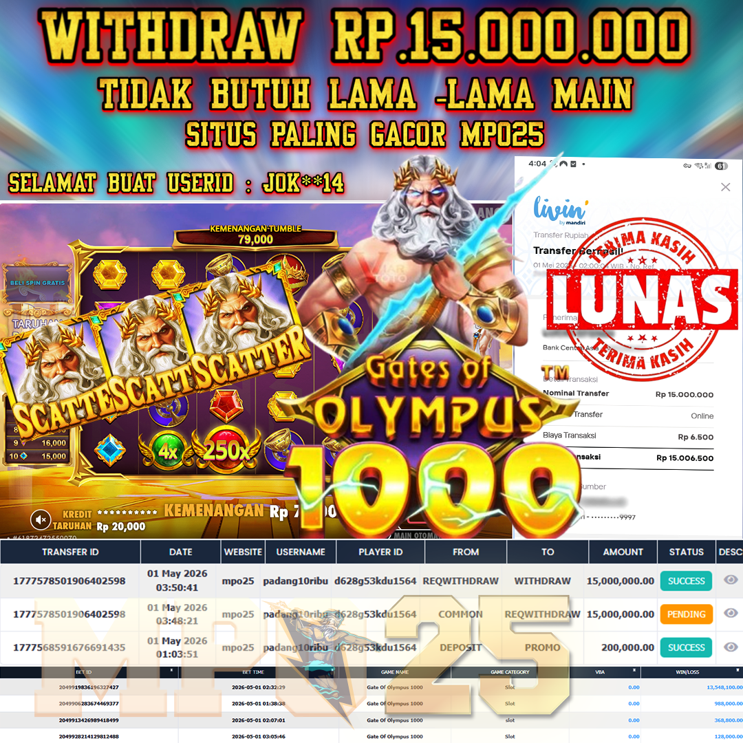 MPO25 BERMAIN GATES OF OLYMPUS 1000 DAPAT JACKPOT WD Rp.15,000,000- DI BAYAR TUNTAS